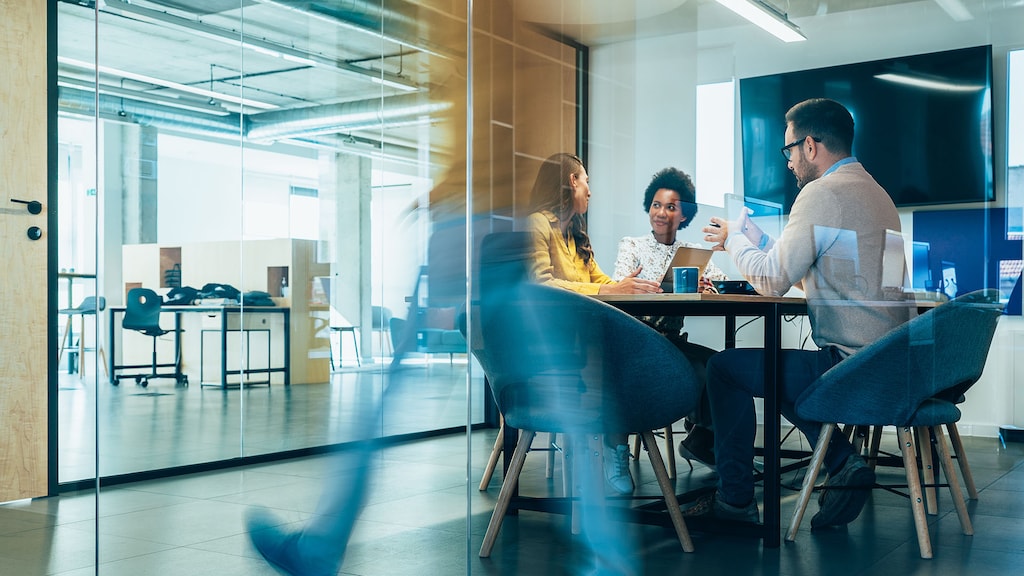Businesspeople in Conference Room and Colleagues Walking By. Blurred motion of colleagues walking briskly down office hallway as colleagues sit in conference room discussing ideas. Busy modern workplace. Working process in the office, business people working, walking and talking, blurred motion